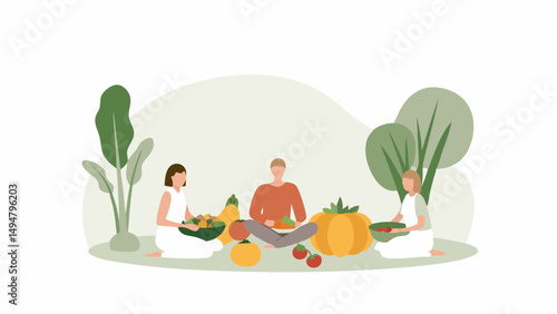 People sitting in a circle outdoors with pumpkins tomatoes and squash in a flat vector illustration