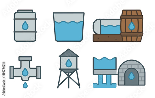 Water resources icon set – flat, filled, conservation and supply symbols