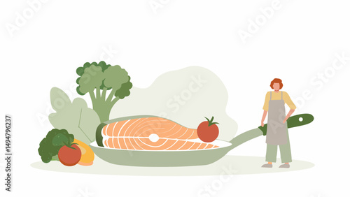 Illustration of a woman in an apron standing next to a pan with salmon, tomato, and broccoli on a white background