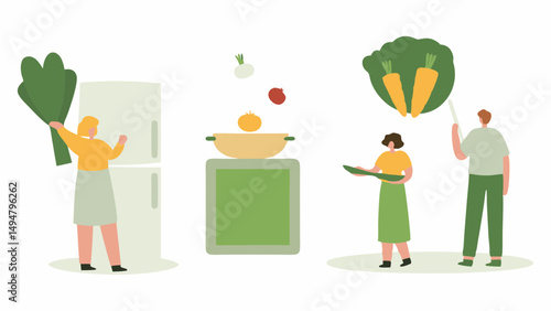 People cooking vegetables in the kitchen with a pot, fridge, and vegetables floating around them happily