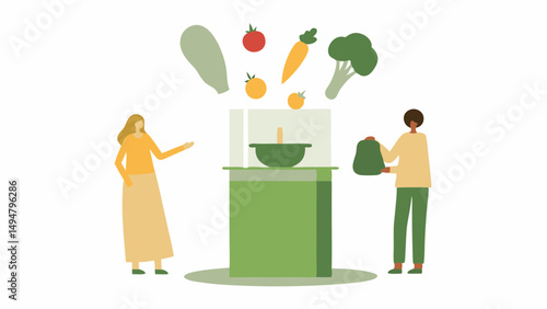 Two people preparing food with vegetables and fruits near a green kitchen counter and bowl inside