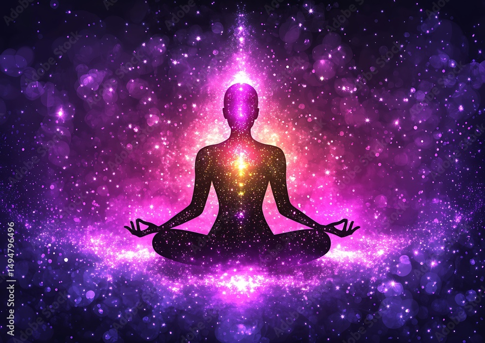 Silhouette of person meditating in cosmos Silhouette of person meditating in cosmos