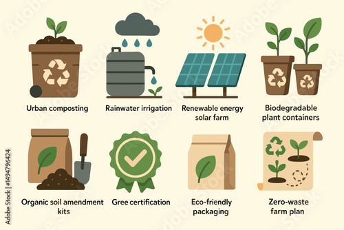 Eco-friendly composting flat icons set – recycling, renewable, sustainable solutions