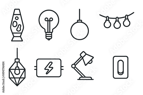 Lighting and decor line icons set – elegant, outline, modern illumination symbols