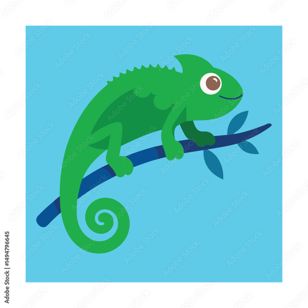 Fototapeta premium Adorable green chameleon cartoon resting on a branch in bright vibrant colors