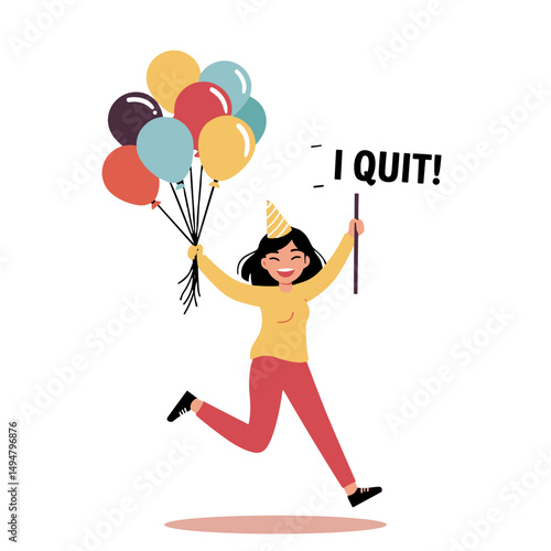 Young woman celebrating with balloons and sign saying "I Quit"  
