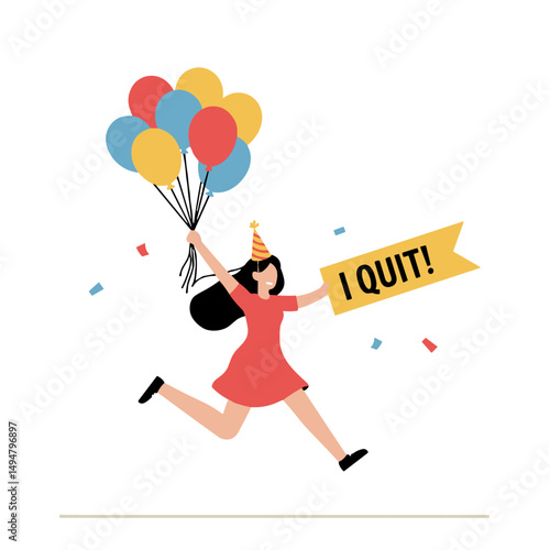 Young woman celebrating while running with balloons and a banner