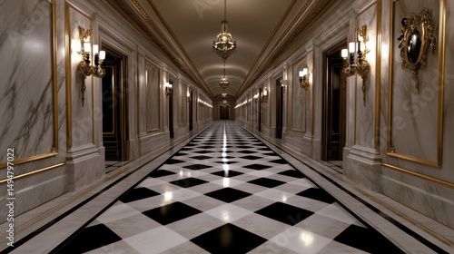 Royal Passage: Captivating symmetry and opulent detail in a palatial hallway. Marvel at the grand architectural design. A visually stunning display.