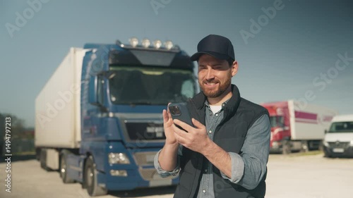 Smiling bearded Caucasian male wearing dark cap and padded vest standing outdoors near blue truck. Holding smartphone and watching video or reading messages. Enjoying break before next delivery.