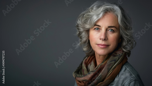 Portrait of a mature woman with gray hair. Beautiful natural aging.