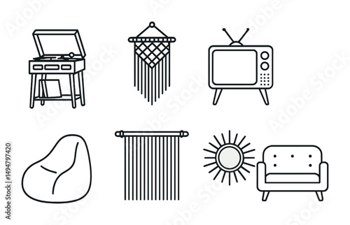 Retro home decor outline icons set – vintage, line art, living room elements