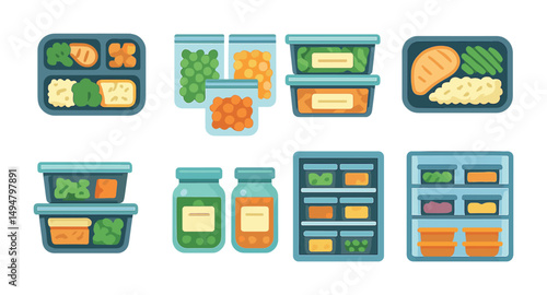 Meal prep flat icons set – healthy, nutrition, and food storage graphics