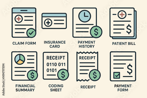 Healthcare and finance flat icons set – filled medical and billing symbols