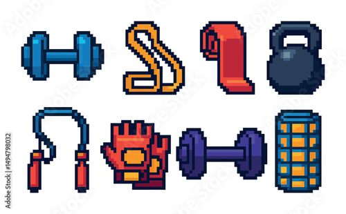Fitness and exercise pixel art icons set – gym, workout, training symbols