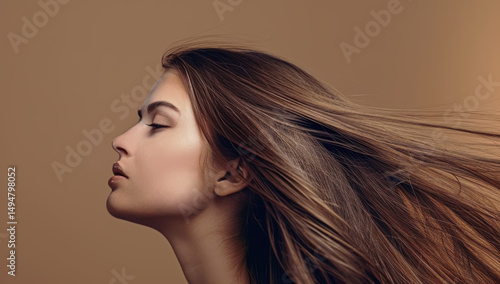 Portrait of a beautiful young woman with long hair. Elegant beauty photography showing a close-up portrait of a model with flawless skin and striking facial features.