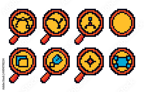 Search pixel art icons set – pixelated, isometric, magnifying glass symbols