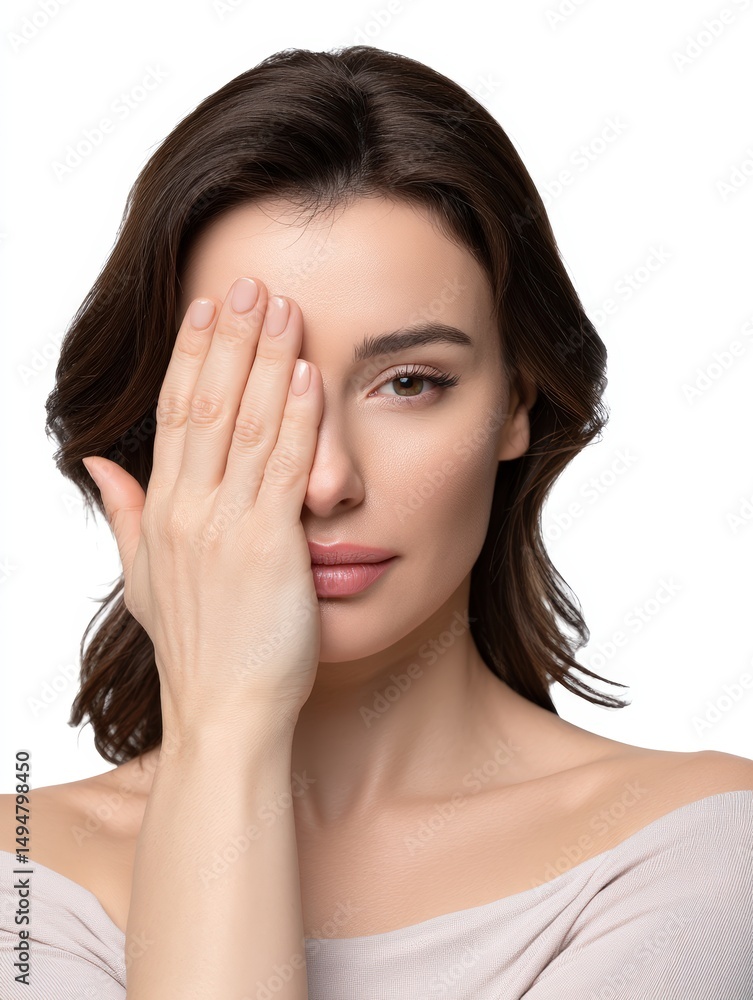 A woman covering half her face with her fingers, medium closeup, isolate on white background A woman covering half her face with her fingers, medium closeup, isolate on white background