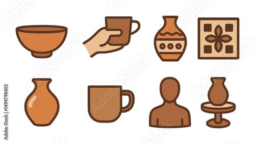 Ceramic art and craft icons set – flat, outline, pottery and handmade symbols