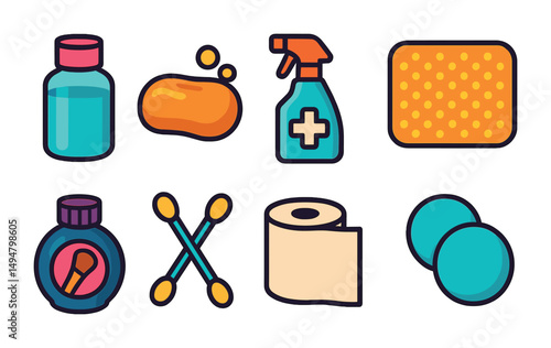 Household cleaning flat icons set – domestic, hygiene, sanitation symbols