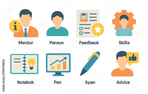 Business and education flat icons set – skills, feedback, mentor symbols