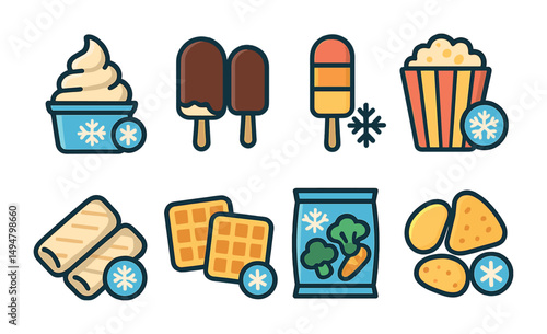Frozen food 3d icons set – chilled, icy, refrigeration and preservation symbols