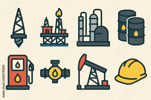 Energy and industry icon set – flat, solid, oil and gas extraction symbols