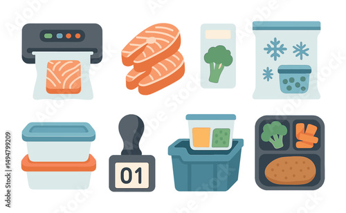 Food storage flat icons set – meal prep, container, freezer symbols for organization