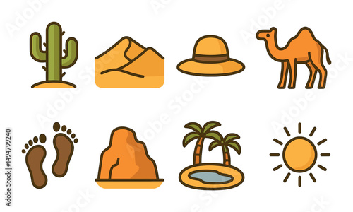Desert adventure icons set in flat style – arid, landscape, explorer symbols