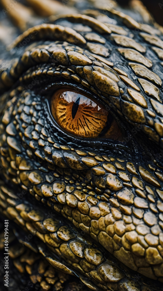 Fototapeta premium Close-up of a dragon's eye and textured scales. The intense gaze, golden iris, and intricate reptilian skin evoke fantasy, power, and mythical mystery.
