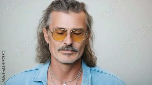 A man with a beard and long hair is wearing a blue shirt and yellow sunglasses. He is wearing a necklace and a watch