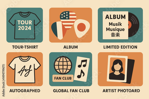 Music merchandise flat icons set – tour, album, fan club symbols