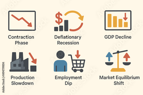 Economic trends and analysis icons set – flat, filled, recession and market symbols