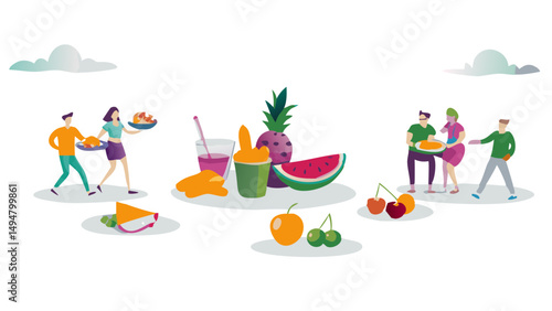 Illustration of people with fruit plates and various fruits like pineapple and watermelon around them