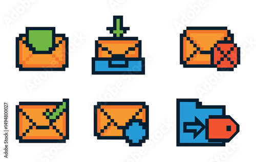 Email management pixel art icons set – inbox, messages, communication essentials
