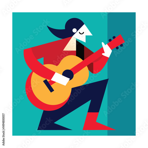 Abstract illustration of a guitarist playing an acoustic guitar against a colorful background