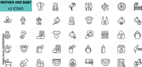 Mother and Baby Vector Icon Set. 43 Parenting, Newborn, Infant Care Line Icons