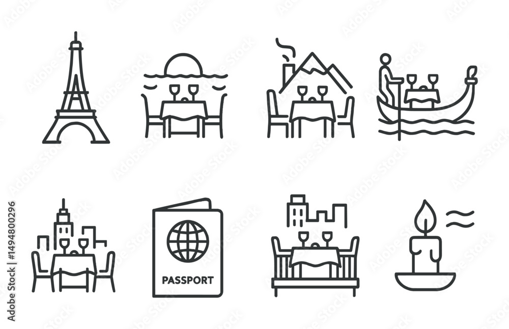 Obraz premium Travel and tourism line icons set – flat, outline, vacation and journey symbols