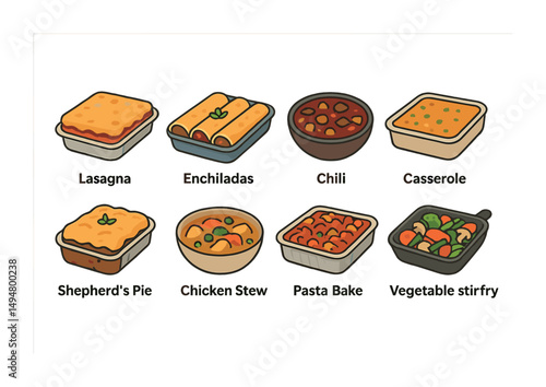 Comfort food icon set – flat, delicious, cozy meal symbols