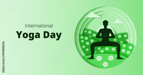 International Yoga Day. Horizontal template. Utkata Konasana pose. Goddess pose. Paper cut design. Isolated vector