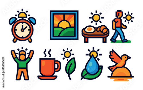 Sunrise and morning routine flat icons set – energized, daily, wake-up symbols