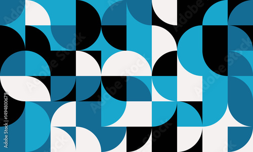 Abstract geometric pattern with vibrant blue, black, and white semicircles and squares.  Modern, midcentury inspired design ideal for backgrounds, websites, presentations, and print media.