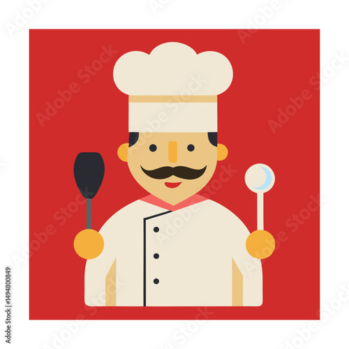 Colorful illustration of a cheerful chef wearing a toque and holding cooking utensils.