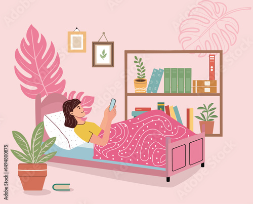 woman lying in bed holding phone in hand watching phone