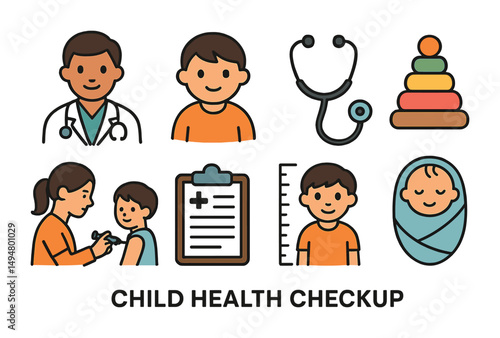 Child health checkup icons set - flat, medical and pediatric symbols