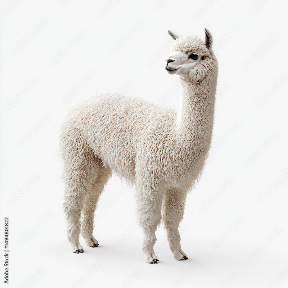 Fototapeta premium Fluffy white alpaca standing against white background