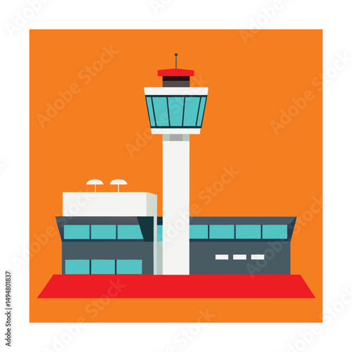 Colorful flat illustration of an airport control tower and terminal building design