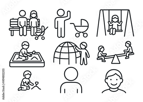 Playground and family outline icons set – linear, kids, park activities symbols