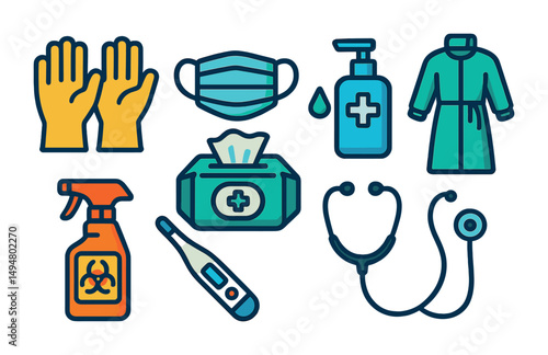 Healthcare and safety flat icons set – medical, sanitation, protective equipment graphics