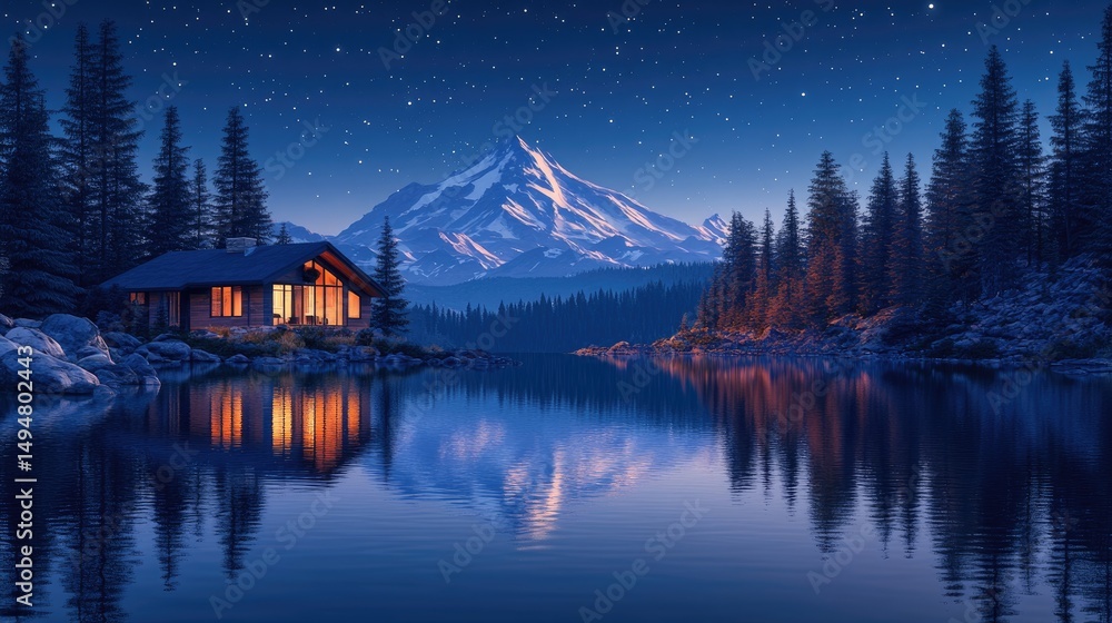 Fototapeta premium Mountain Cabin Lakeside Night Reflection Stars