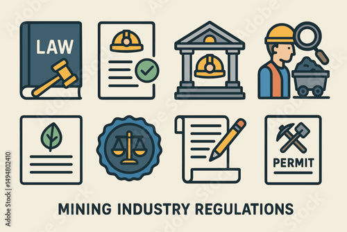 Mining industry regulations line icons set – flat, outline, compliance and permit symbols